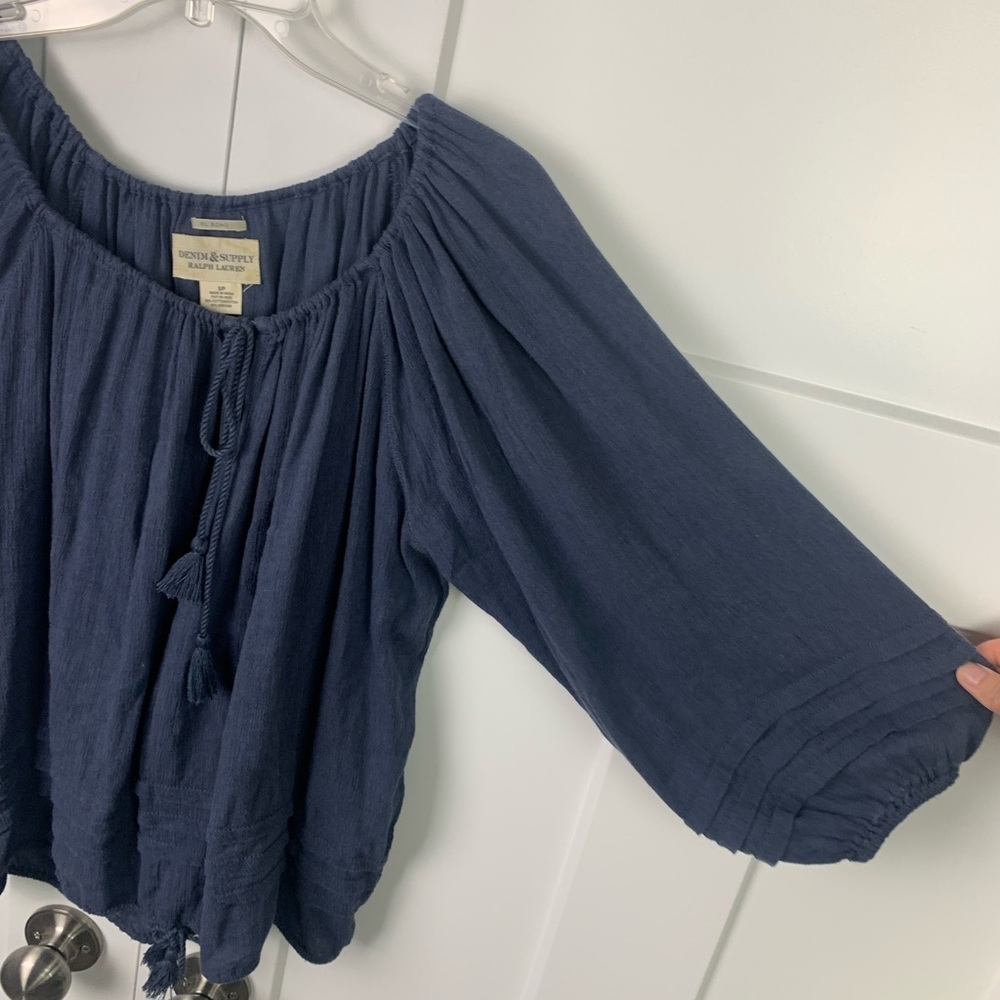 Ralph Lauren Denim Supply Boho Blouse S Blue Tassels Romantic Cottagecore - Picture 4 of 8